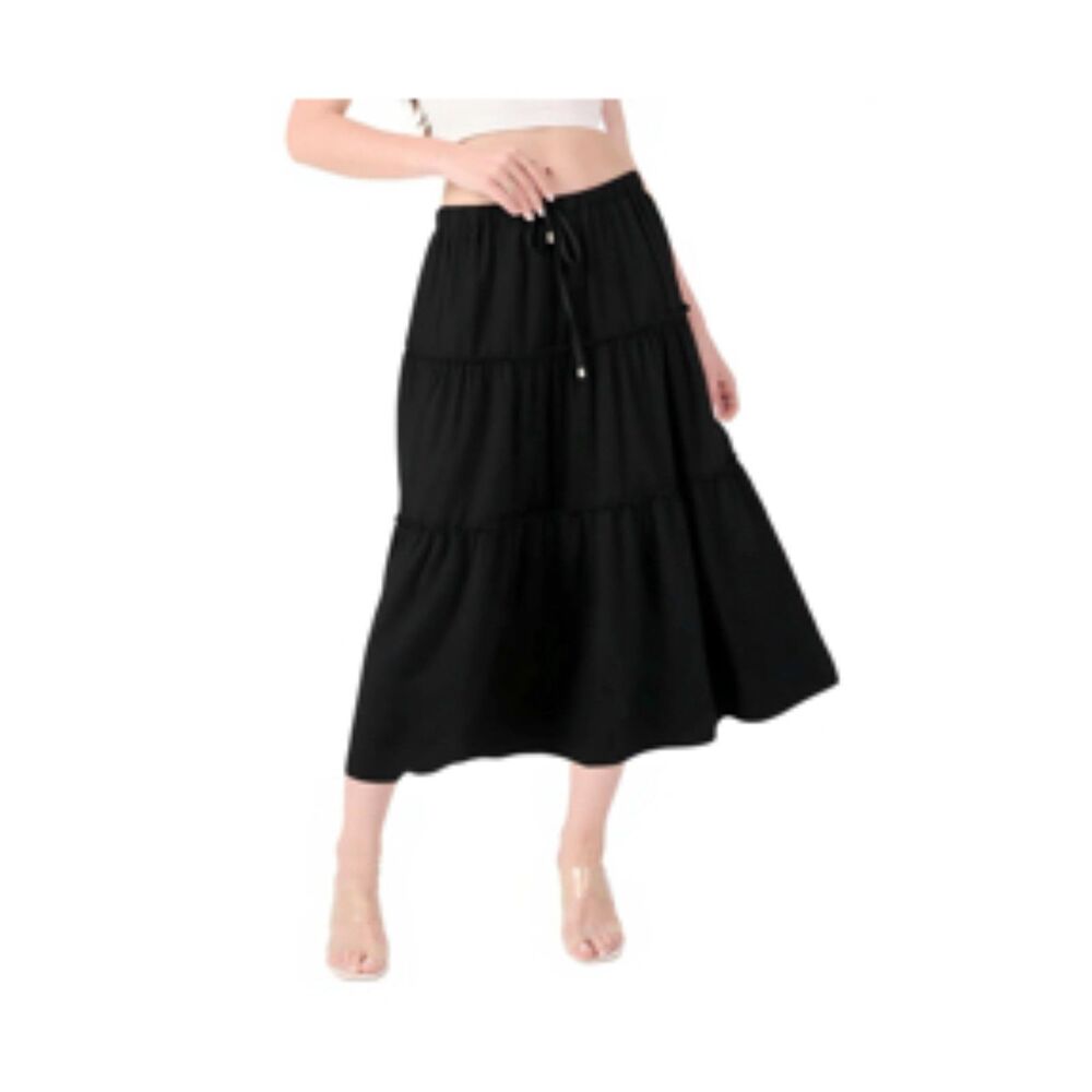 DRAWSTRING HIGH ELASTIC WAIST MAXI FLOWY PLEATED SKIRT, LARGE, 15K-136B001